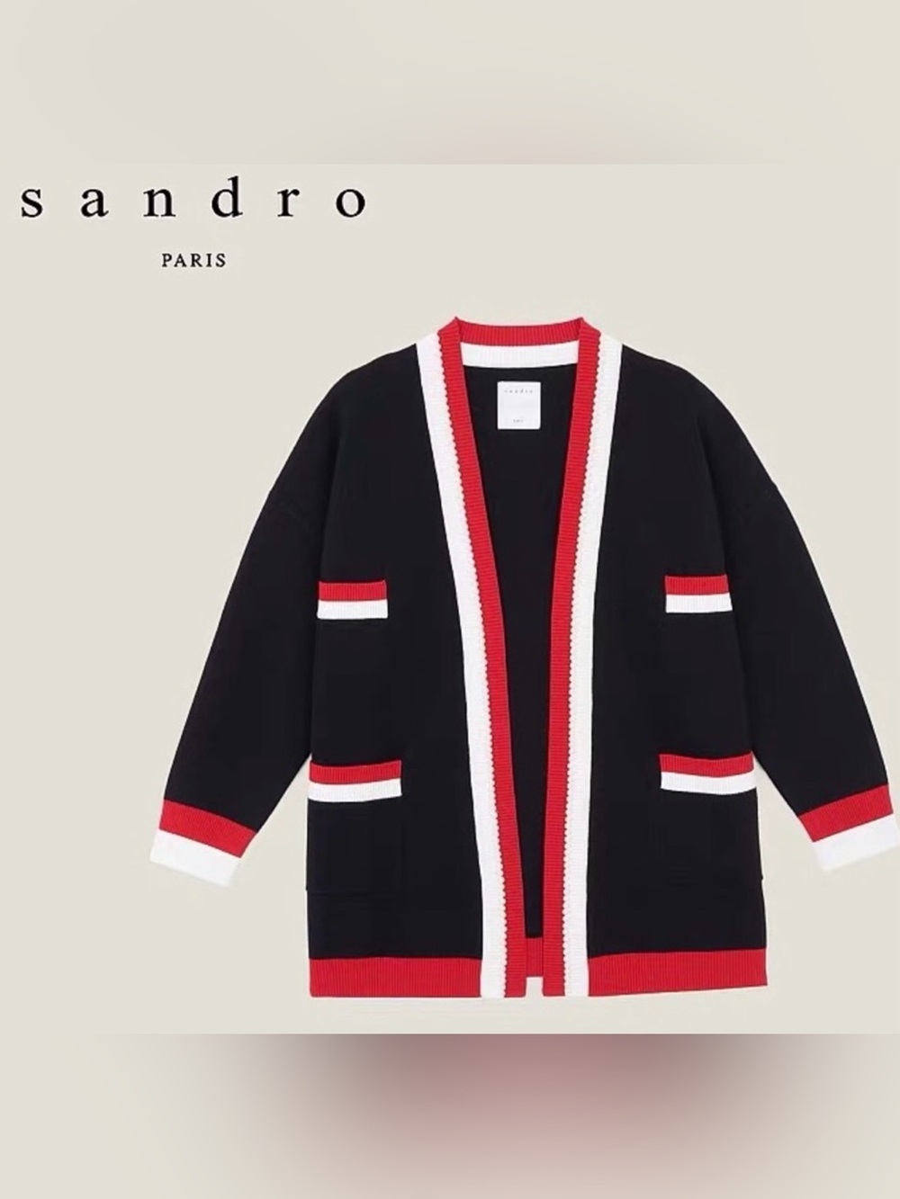 Sandro Dave Imitation Pearl Detail Cardigan Black Red White Viscose Size 1